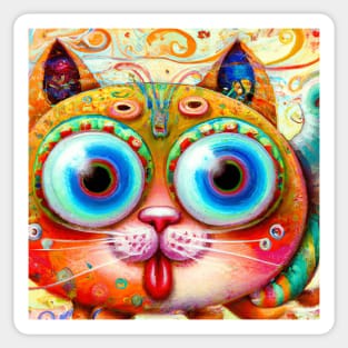 Chaotic and Colorful Fantasy Cat sticking out its Tongue Sticker